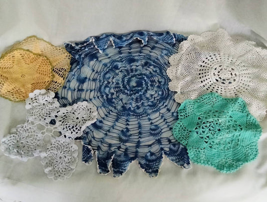 Lot of 6 hand made mid century crochet doilies white blue yellow