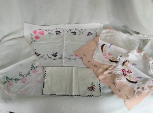 Lot of 6 hand made embroidered art deco tray cloths, mats & doilies