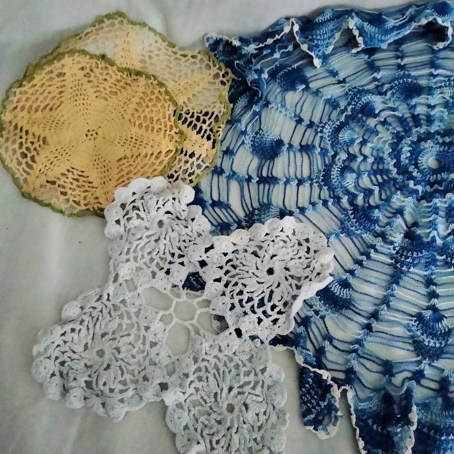 Lot of 6 hand made mid century crochet doilies white blue yellow