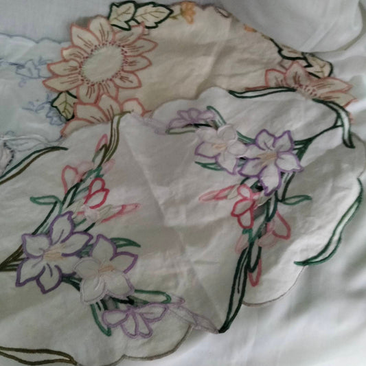 Lot of 9 hand made embroidered art nouveau tray cloths, mats & doilies