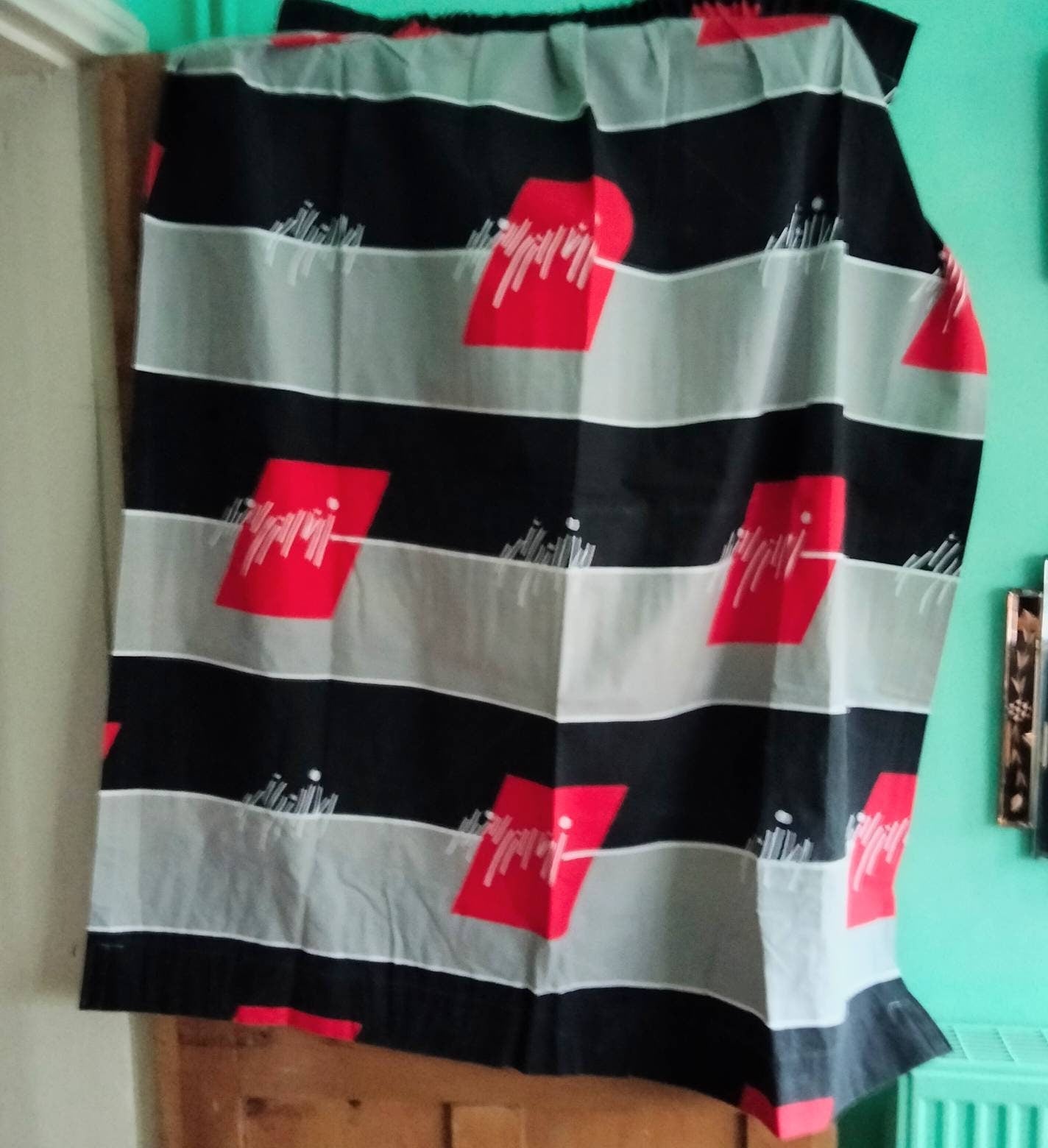 1980s red, black & grey single curtain 46" W x 52" L