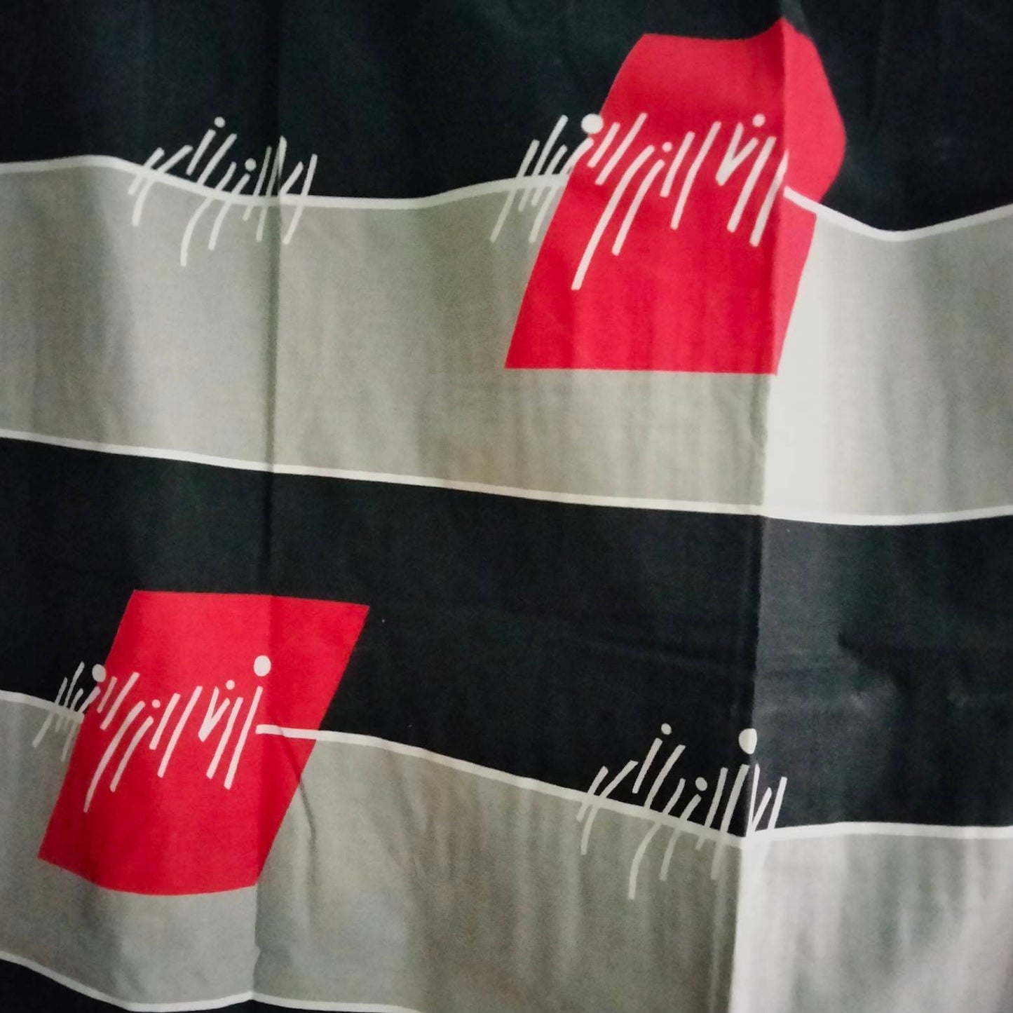 1980s red, black & grey single curtain 46" W x 52" L
