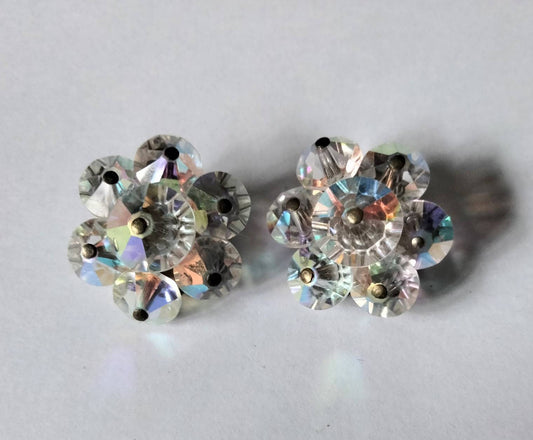 1950s aurora borealis crystal cluster clip earrings