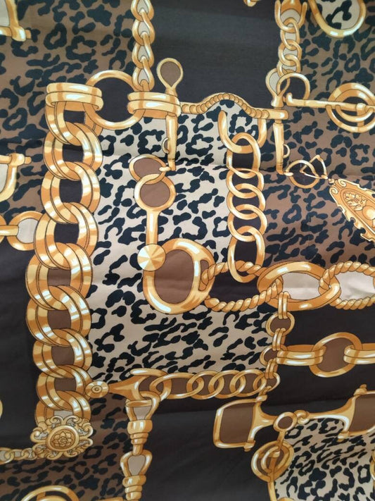 1980s brown & gold leopard & chain print large square scarf 46"