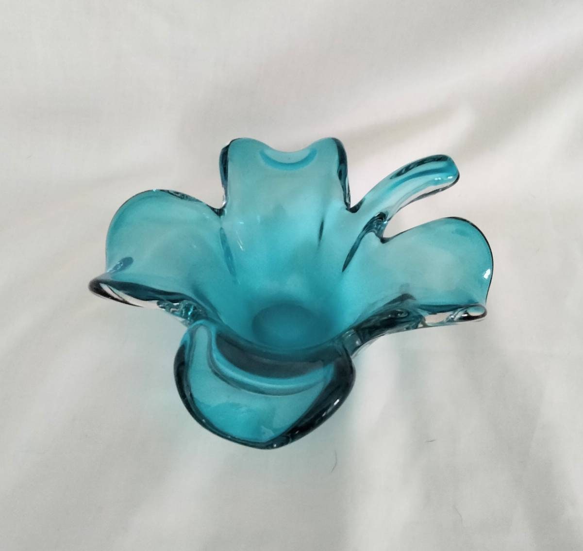 Vintage Murano Turquoise Blue Lucky Shamrock Or Four Leaf Clover Bowl Dish 6"