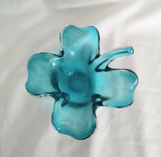 Vintage Murano Turquoise Blue Lucky Shamrock Or Four Leaf Clover Bowl Dish 6"