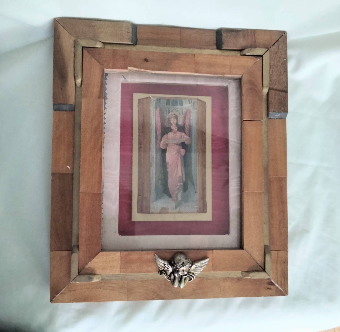Vintage hand made wooden box framed angel cherub wall art picture icon 13"