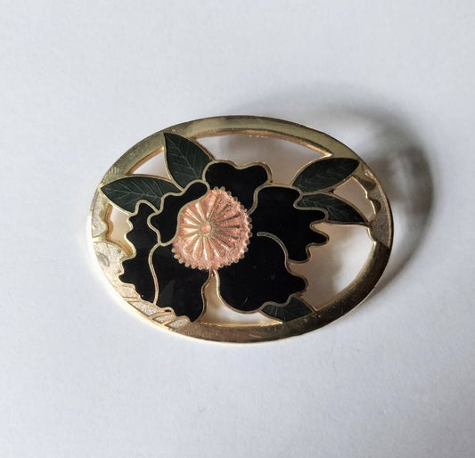 1980s goldtone and cloisonne enamel black & pink flower brooch