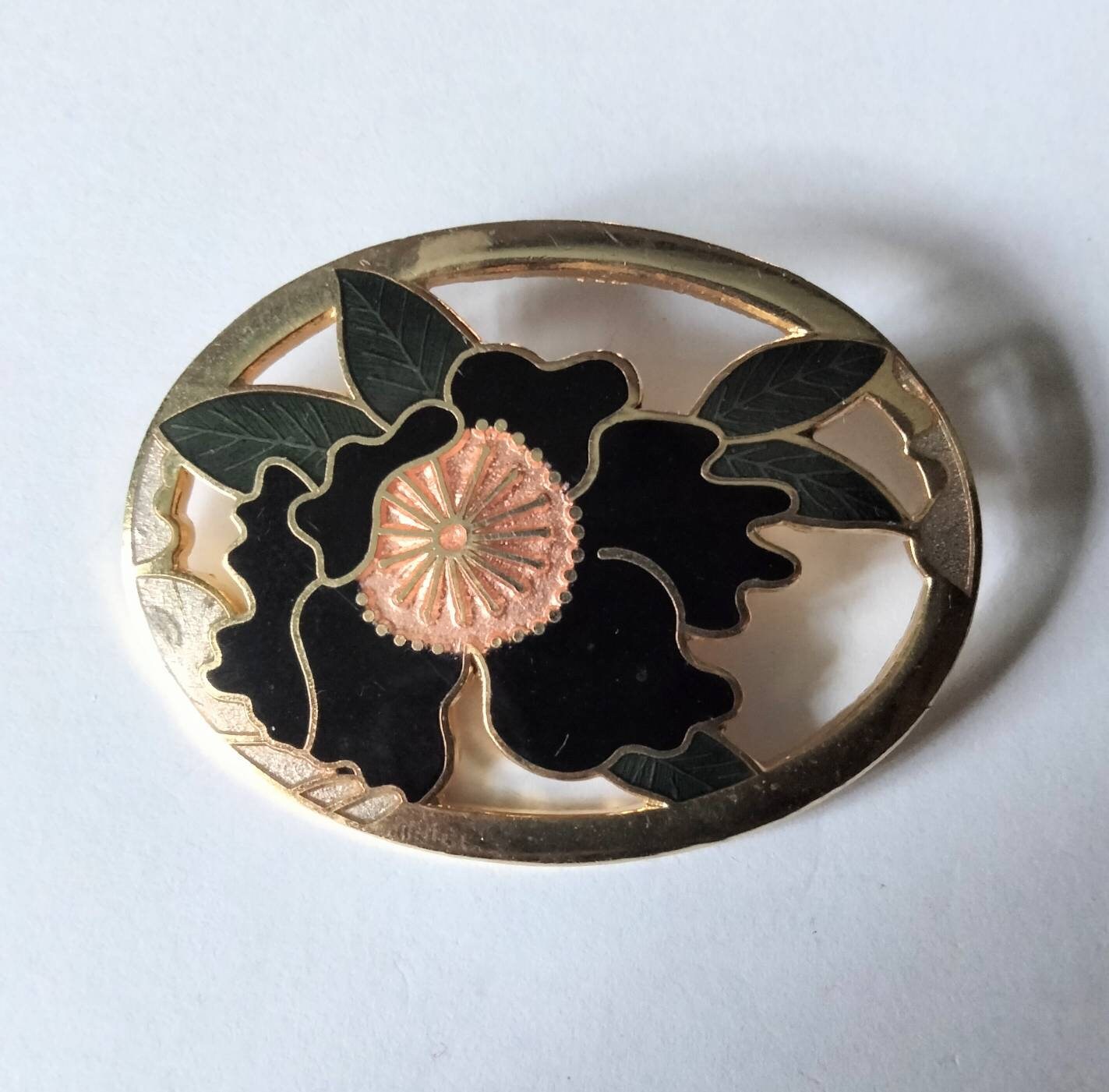 1980s goldtone and cloisonne enamel black & pink flower brooch