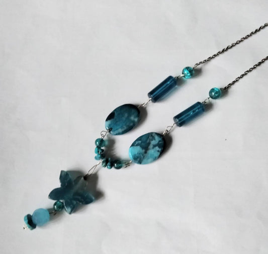 Silvertone and blue quartz & turquoise semi precious stone necklace
