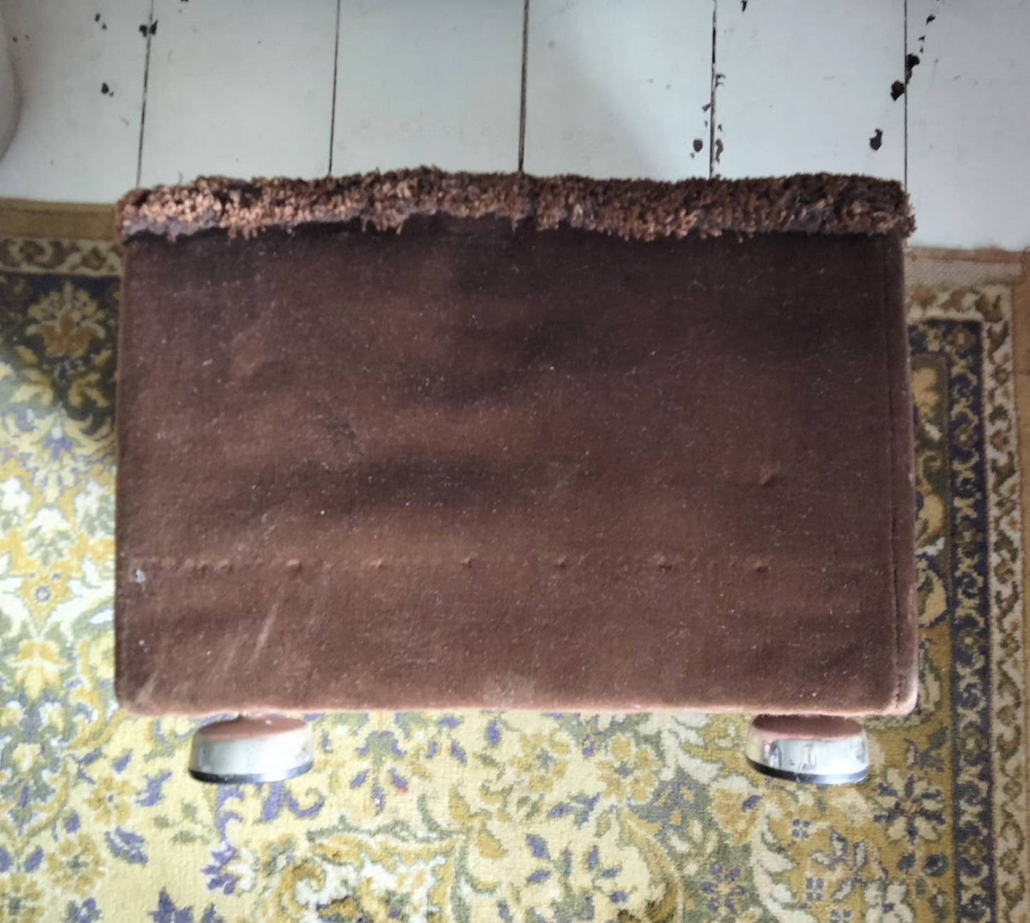 1960s square pouffe footstool in brown velour & floral fabric