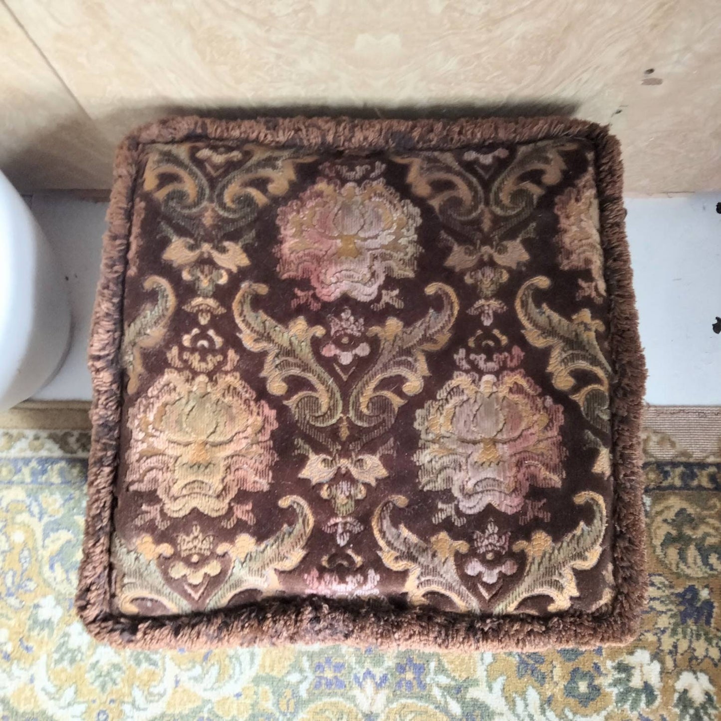 1960s square pouffe footstool in brown velour & floral fabric