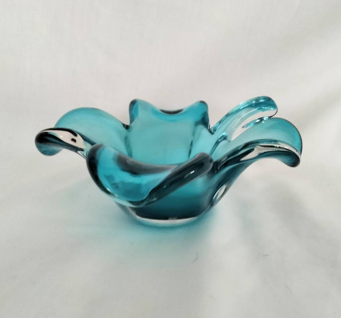 Vintage Murano Turquoise Blue Lucky Shamrock Or Four Leaf Clover Bowl Dish 6"