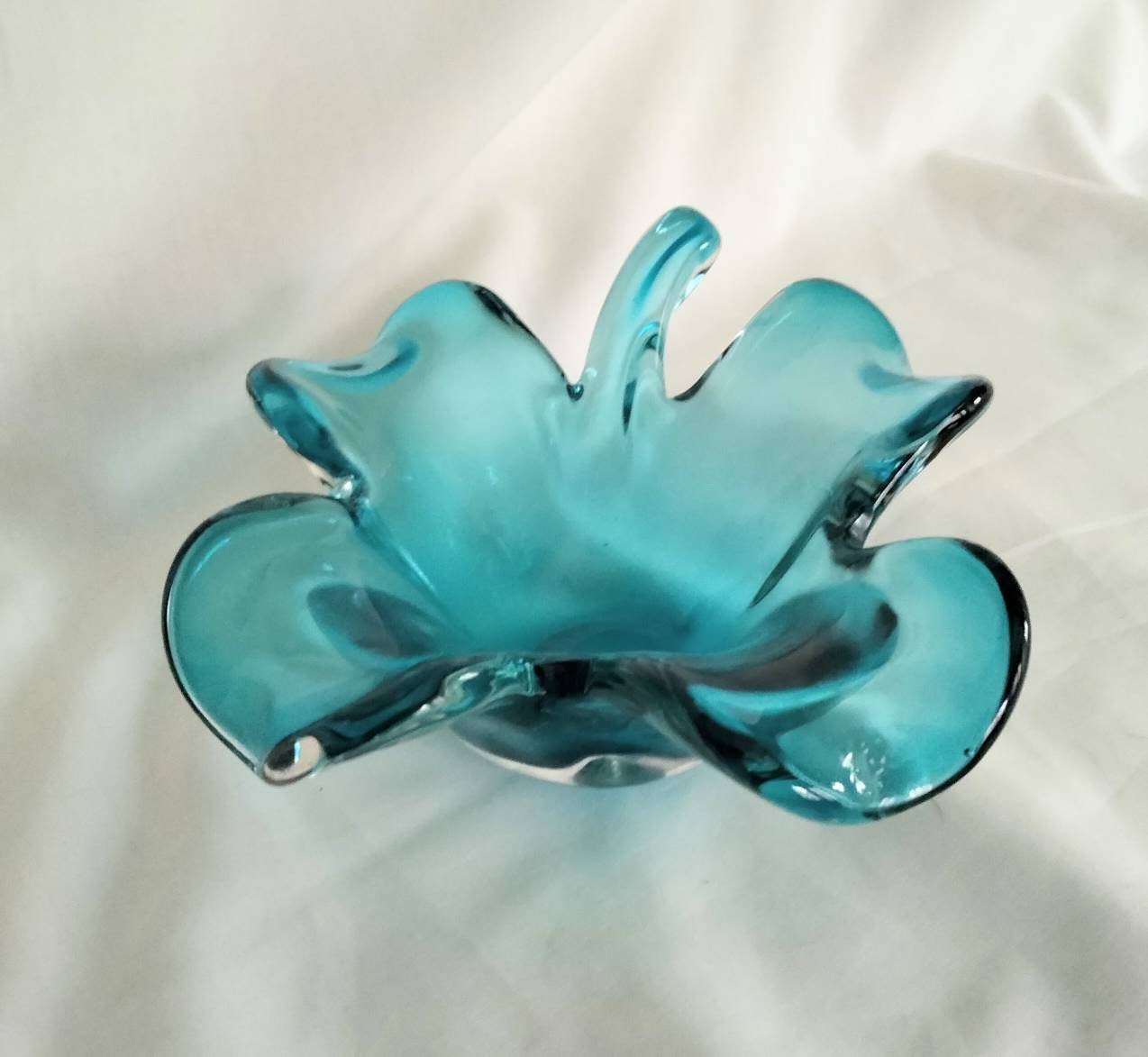Vintage Murano Turquoise Blue Lucky Shamrock Or Four Leaf Clover Bowl Dish 6"