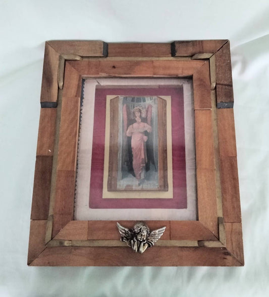 Vintage hand made wooden box framed angel cherub wall art picture icon 13"
