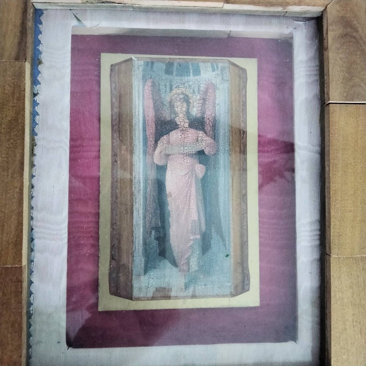 Vintage hand made wooden box framed angel cherub wall art picture icon 13"