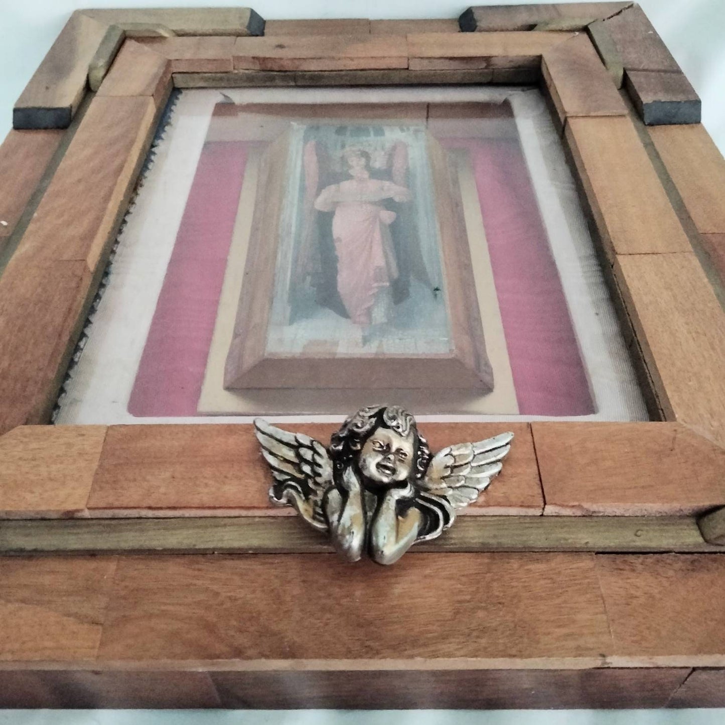 Vintage hand made wooden box framed angel cherub wall art picture icon 13"