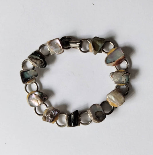 1970s silvertone & blue, green & pink abalone shell bracelet