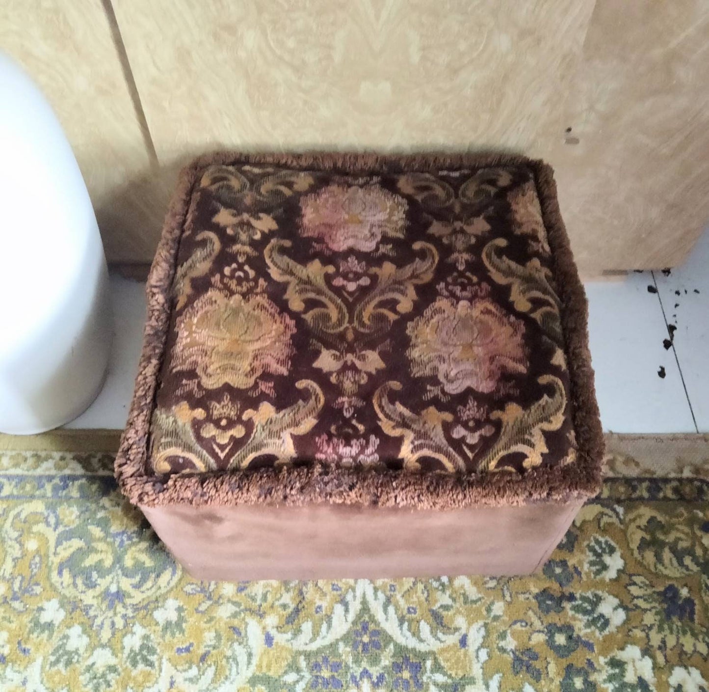 1960s square pouffe footstool in brown velour & floral fabric