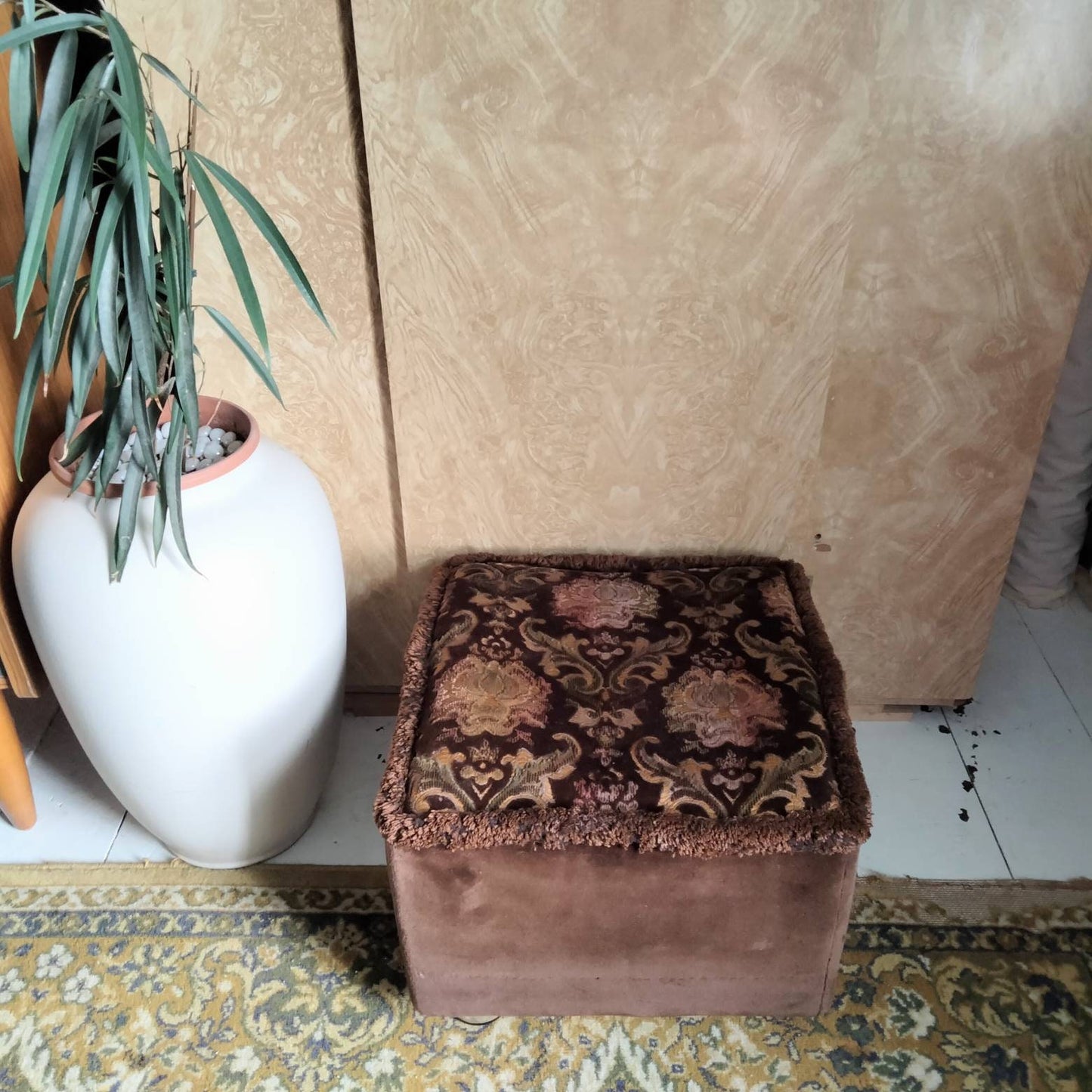 1960s square pouffe footstool in brown velour & floral fabric