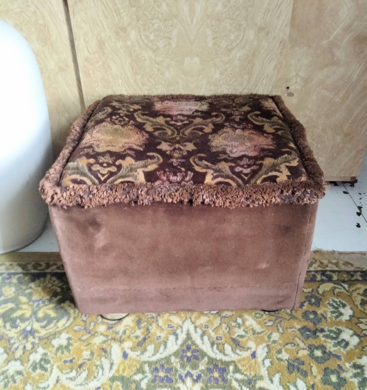 1960s square pouffe footstool in brown velour & floral fabric