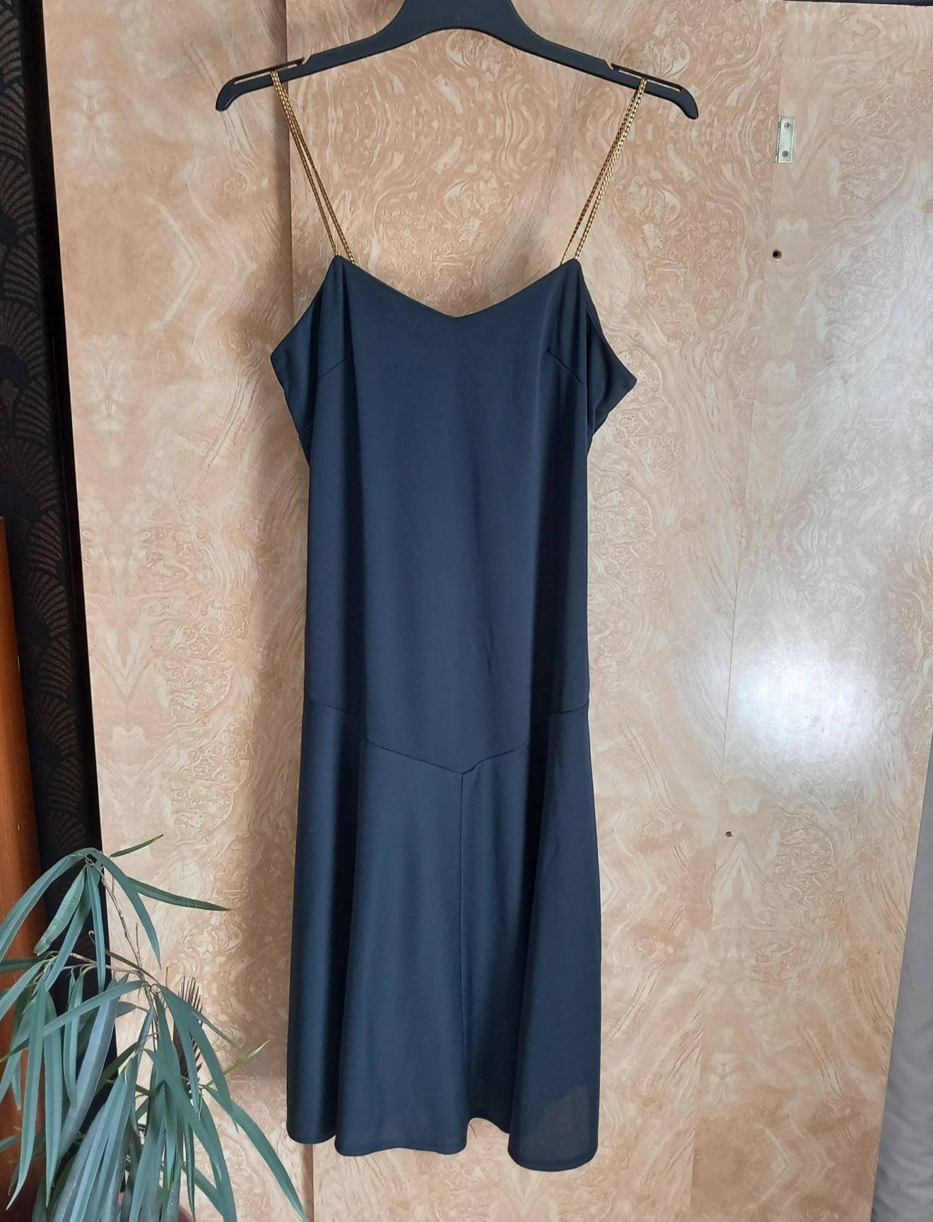 True vintage 1980s black flared skirt & gold plaited strap party dress 12 14