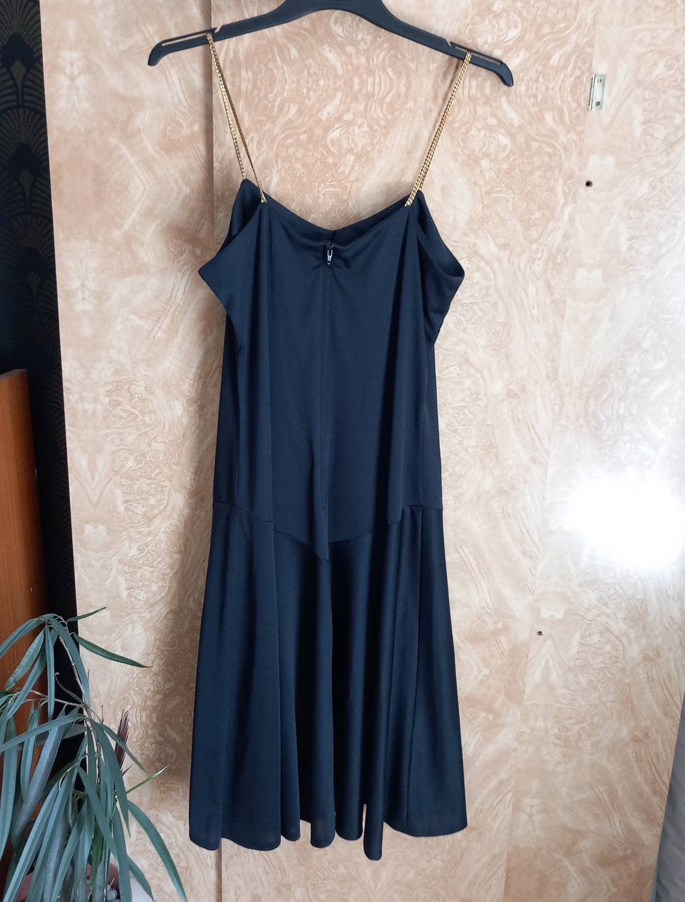 True vintage 1980s black flared skirt & gold plaited strap party dress 12 14
