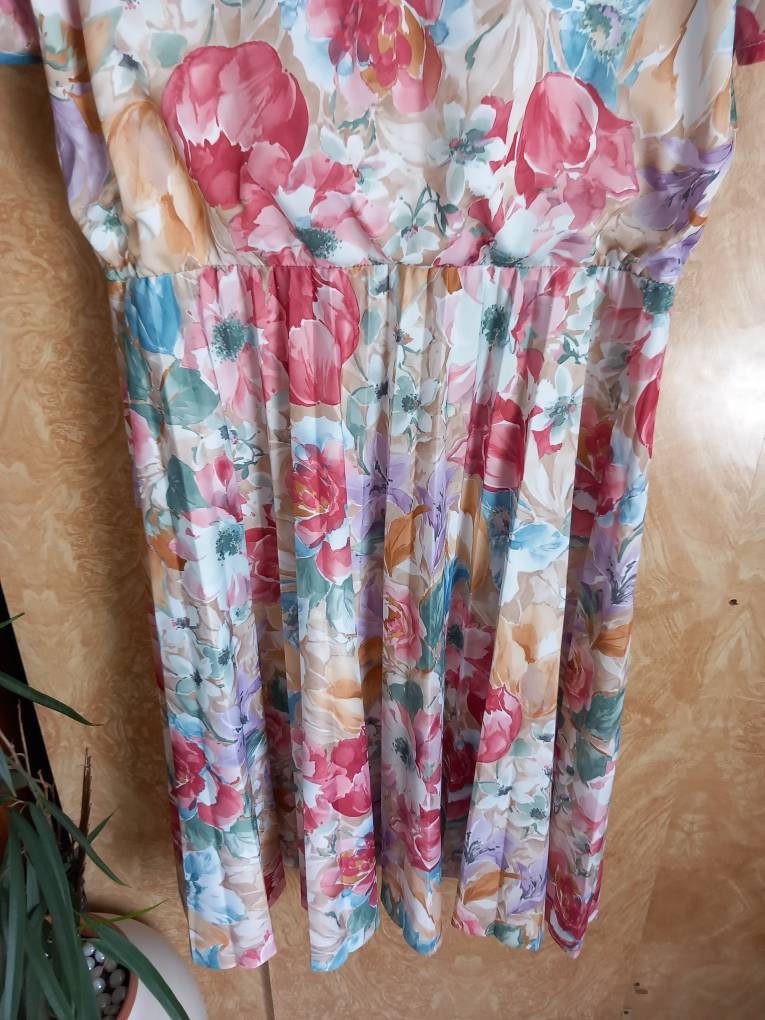 1980s pink, red & green flower print tea dress 16 18