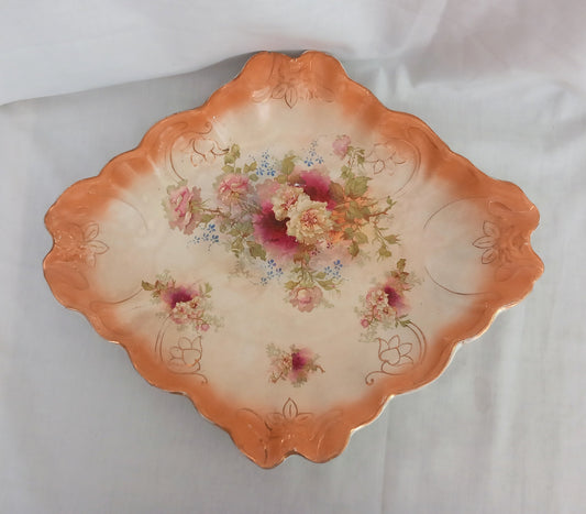 Antique Victorian Flower Print Diamond Shaped Large Bowl 13.5"