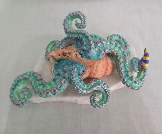 Hand made OOAK blue & green Kraken squid octopus assemblage sculpture on marble base
