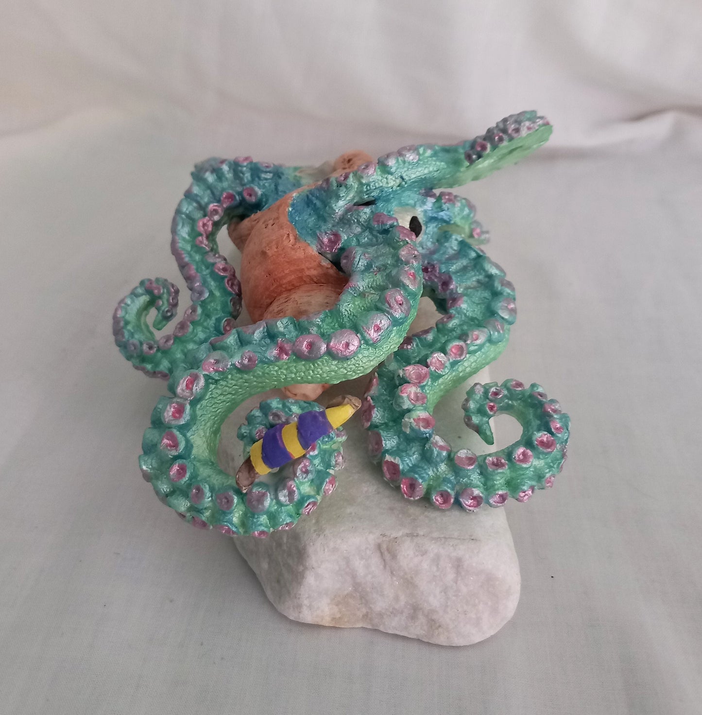 Hand made OOAK blue & green Kraken squid octopus assemblage sculpture on marble base