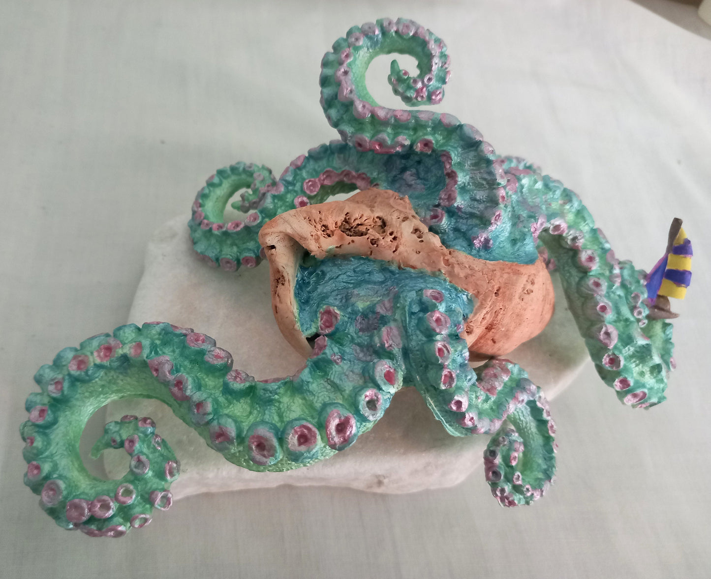 Hand made OOAK blue & green Kraken squid octopus assemblage sculpture on marble base