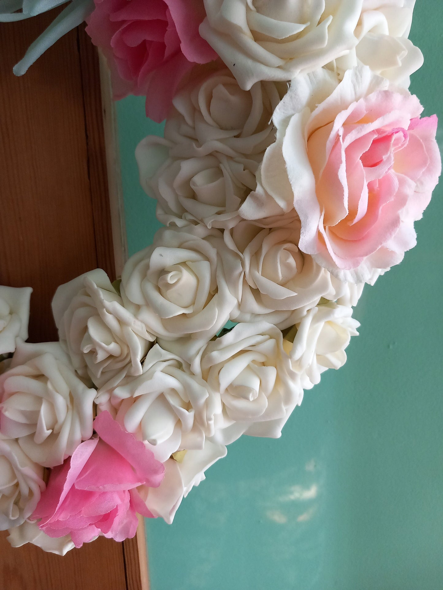 Handmade Spring Summer Pastel Faux Flower Round Wreath in Pink, White & Blue