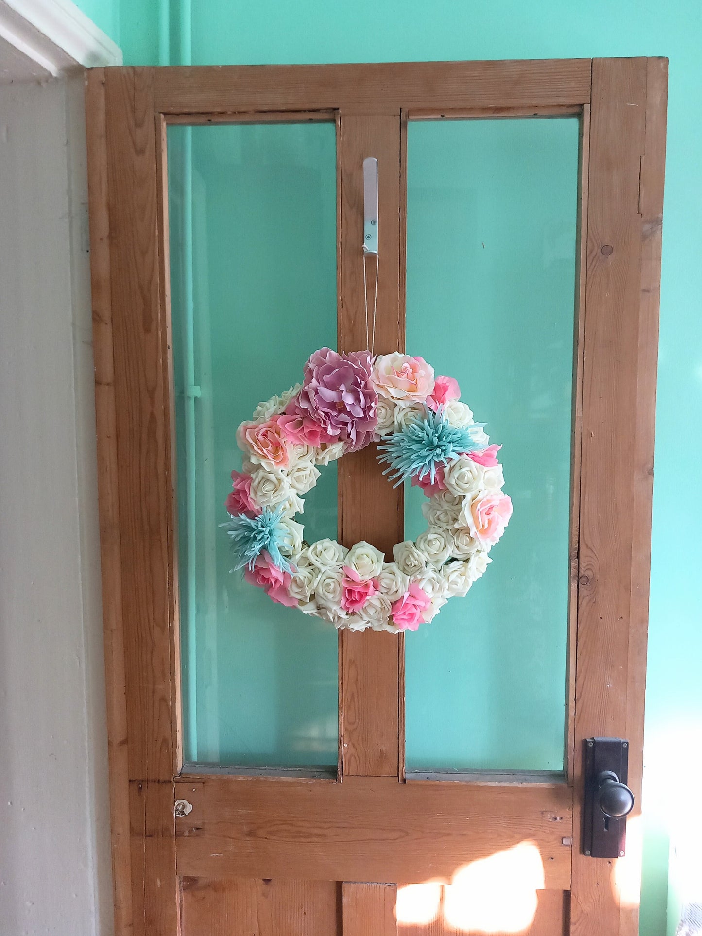 Handmade Spring Summer Pastel Faux Flower Round Wreath in Pink, White & Blue