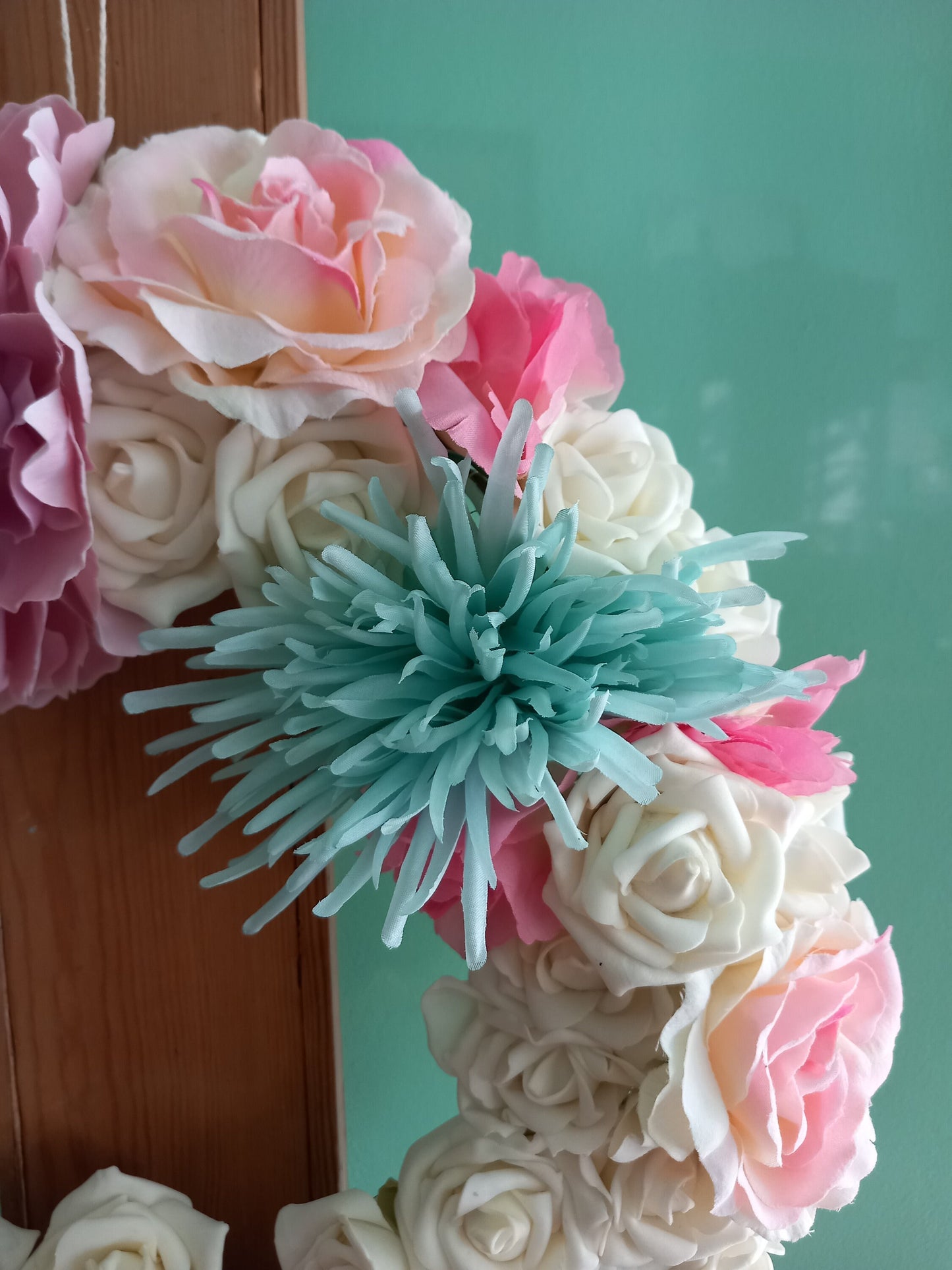 Handmade Spring Summer Pastel Faux Flower Round Wreath in Pink, White & Blue