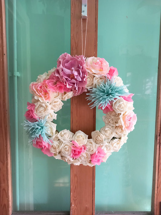 Handmade Spring Summer Pastel Faux Flower Round Wreath in Pink, White & Blue