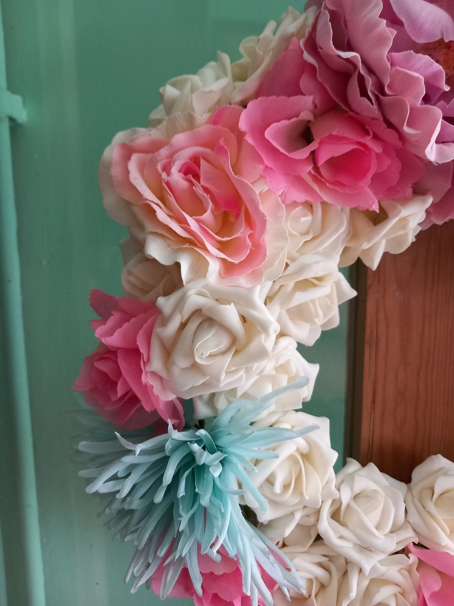 Handmade Spring Summer Pastel Faux Flower Round Wreath in Pink, White & Blue
