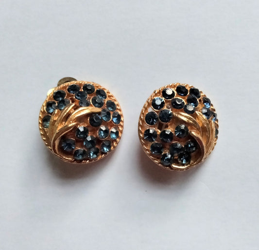 1950s Goldtone & Blue Rhinestone Round Leaf Design Clip Earrings