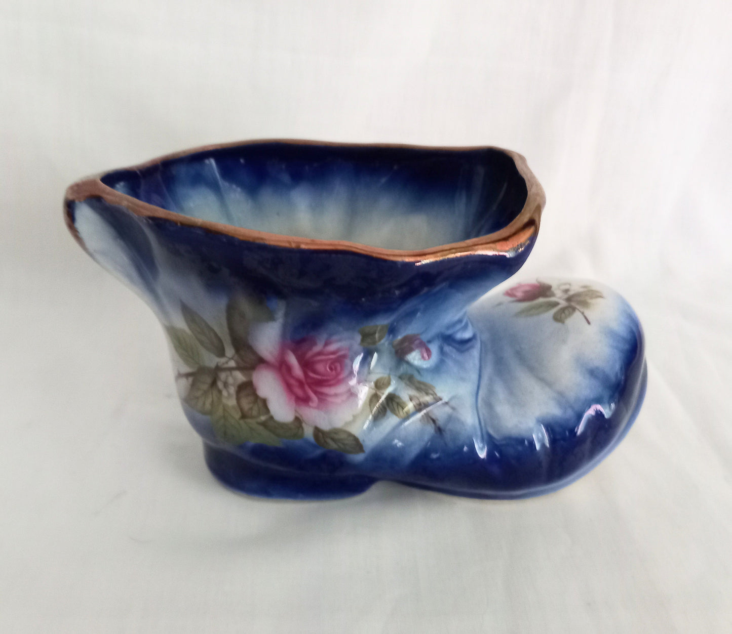 1980s Staffordshire blue boot plant pot with pink rose 6.5"