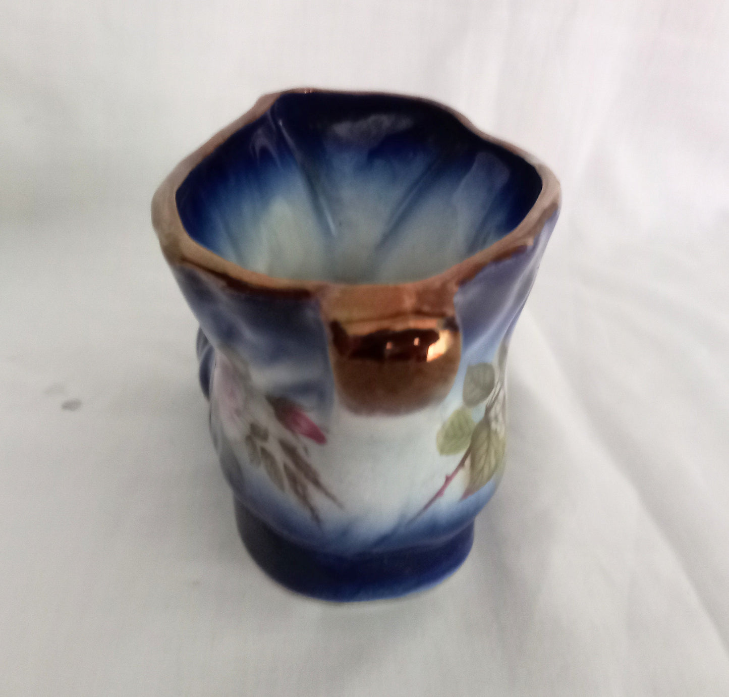 1980s Staffordshire blue boot plant pot with pink rose 6.5"