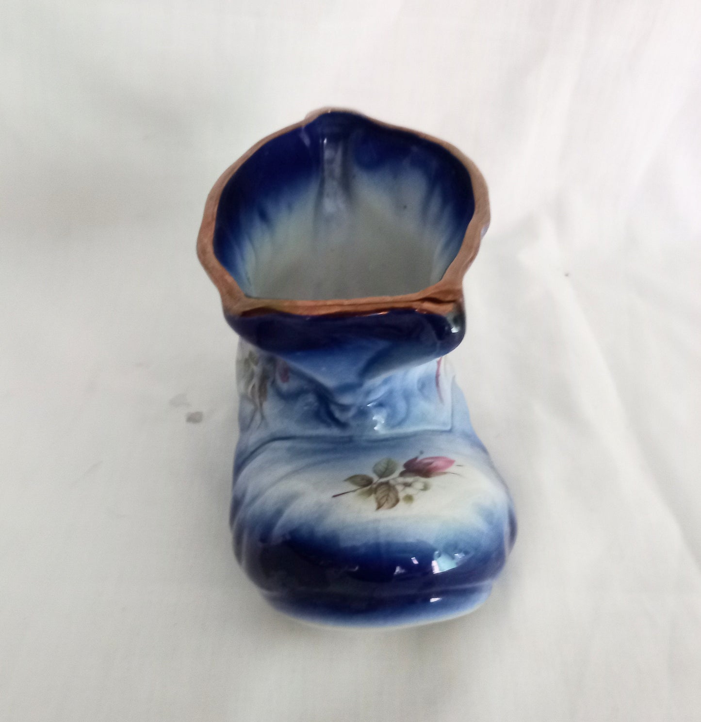 1980s Staffordshire blue boot plant pot with pink rose 6.5"