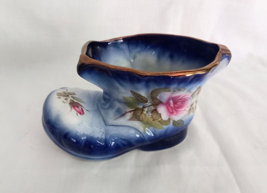 1980s Staffordshire blue boot plant pot with pink rose 6.5"