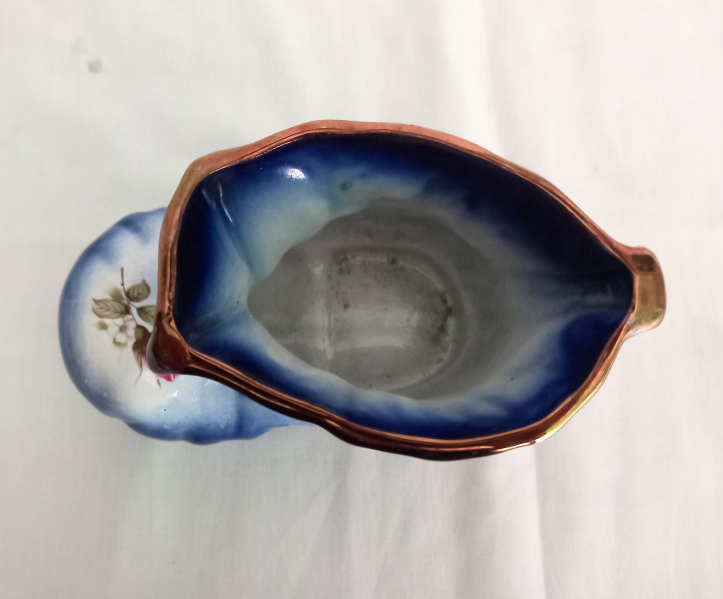 1980s Staffordshire blue boot plant pot with pink rose 6.5"