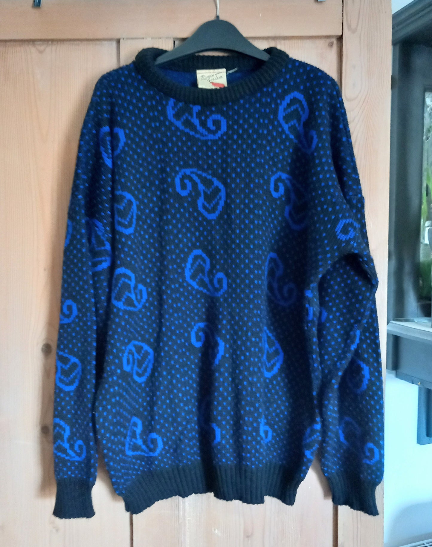 1980s Romeo Gordeni Blue Knitted Jumper With Paisley Pattern 14 16 Unisex