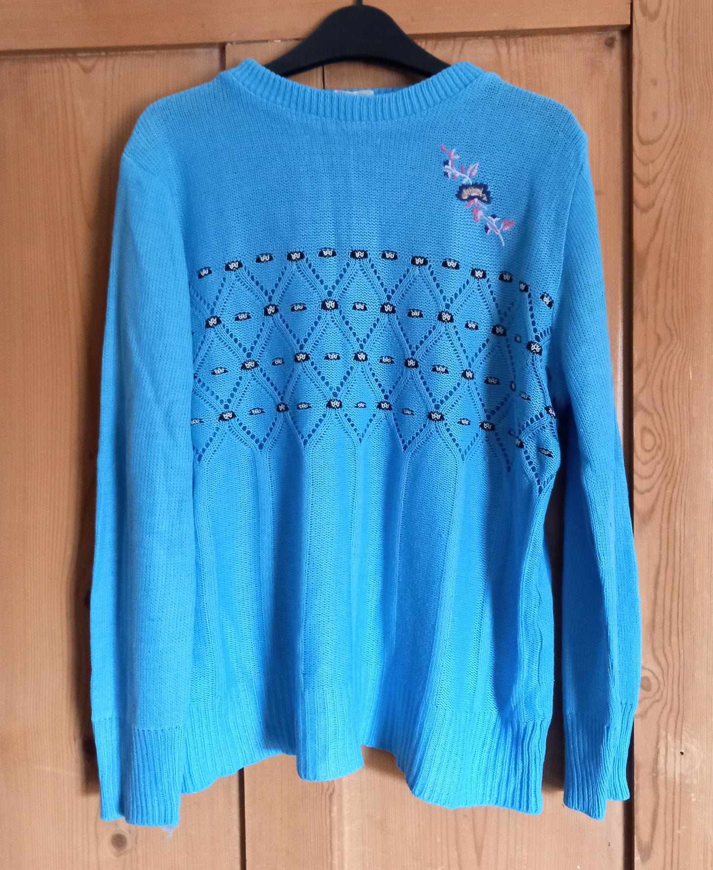 Vintage 1980s Blue Lightweight Knit Flower Pattern Jumper 12 14
