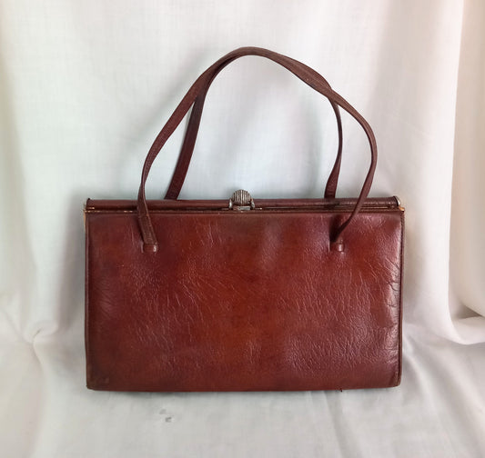 Vintage Marquessa 1960s Brown Real Leather Kelly Bag Handbag Suede Lined