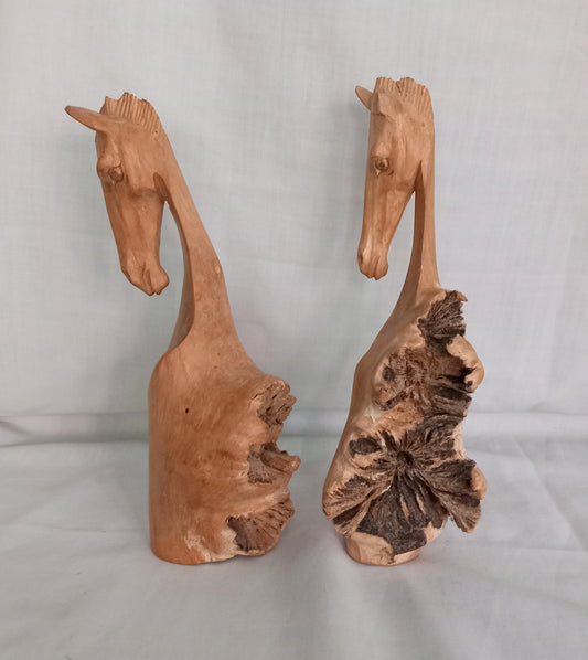 Pair of hand carved rustic wooden root horse bust statues