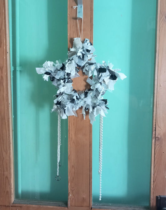 Handmade White, Silver & Black Star Winter Rag Door Wreath
