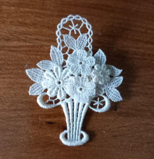 Late 20th century embroidered lace white flower basket brooch