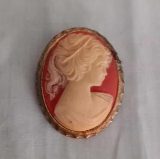 Vintage mid century 1960s Goldtone Faux Cameo Orange & White brooch pin